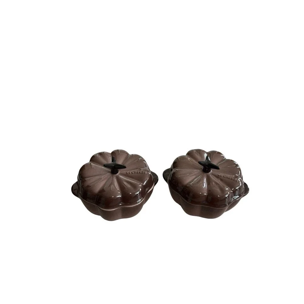 Set Of 2 Le Creuset Rare Cacao Brown Pumpkin Mini Cocotte Covered Dish 12 oz